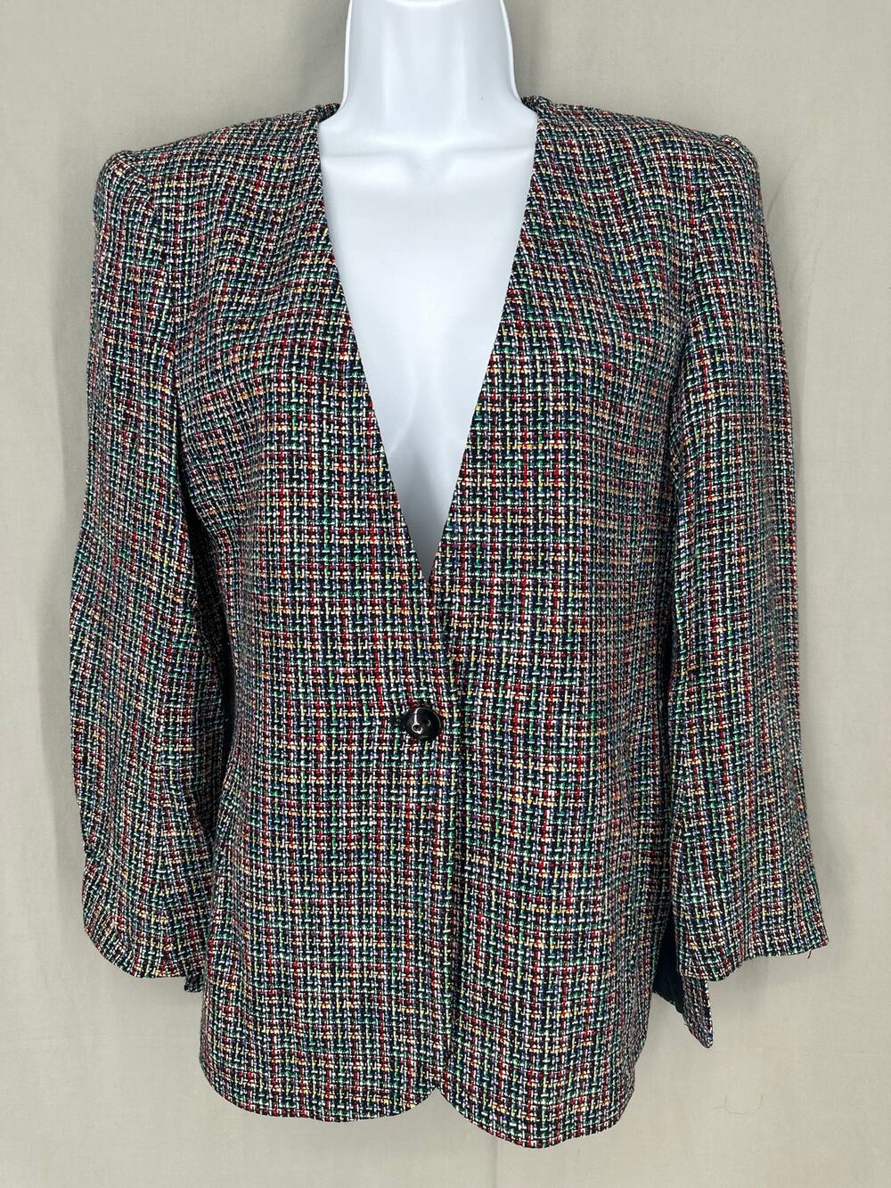 90s Vintage Jacket Womens Small Black Plaid Tweed Blazer Button Primary Colors